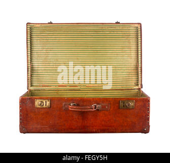 Old vintage open suitcase viewed from the side isolated on white background Stock Photo