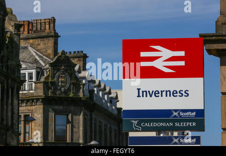 The sign for Inverness railway station the city of Inverness in the Highlands of Scotland, UK where you can get a train Stock Photo