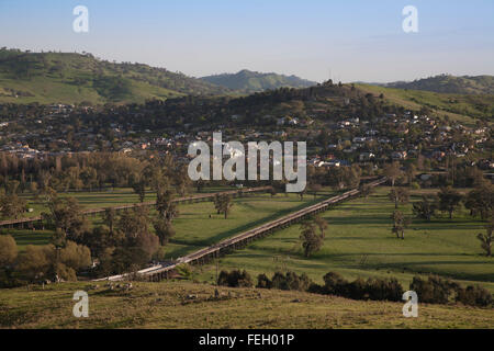 The historic bridges of Gundagai New South Wales Australia as they cross the Murrumbidgee River floodplain. Stock Photo