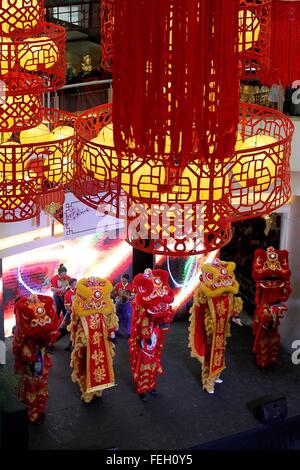 Manila, Philippines. 7th Feb, 2016. Lion dancers perform during a celebration ahead of the Chinese Lunar New Year at a mall in Chinatown in Manila, the Philippines, Feb. 7, 2016. The Chinese Lunar New Year falls on Feb. 8 this year which marks the start of the Year of the Monkey, according to the Chinese zodiac. © Rouelle Umali/Xinhua/Alamy Live News Stock Photo