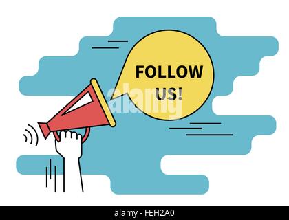 Follow us banner for social networks. Flat line contour illustration of human hand holds red megaphone Stock Vector