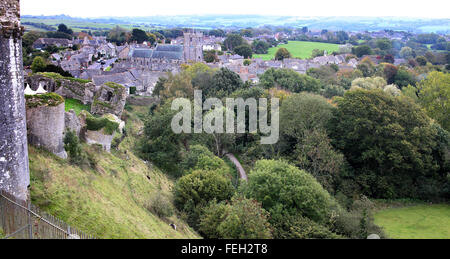 View over Corfe Castle village from the castle, Dorset, England, UK. Stock Photo