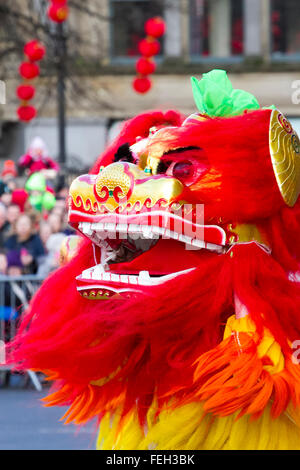 Manchester  7th February, 2016. Chinese New Year Dragon Parade.  The Year of the Monkey parade was led by a spectacular 175-foot dragon with the procession setting off from Albert Square, in front of the town hall,  making its way to Chinatown,  The parade is the traditional core of Manchester's annual Chinese New Year celebrations. Credit:  Cernan Elias/Alamy Live News Stock Photo