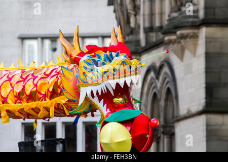 Manchester 7th February, 2016. Chinese New Year Dragon Parade.  The Year of the Monkey parade was led by a spectacular 175-foot dragon with the procession setting off from Albert Square, in front of the town hall,  making its way to Chinatown,  The parade is the traditional core of Manchester's annual Chinese New Year celebrations. Credit:  Cernan Elias/Alamy Live News Stock Photo