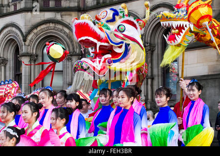Manchester  7th February, 2016. Chinese New Year Dragon Parade.  The Year of the Monkey parade was led by a spectacular 175-foot dragon with the procession setting off from Albert Square, in front of the town hall,  making its way to Chinatown,  The parade is the traditional core of Manchester's annual Chinese New Year celebrations. Credit:  Cernan Elias/Alamy Live News
