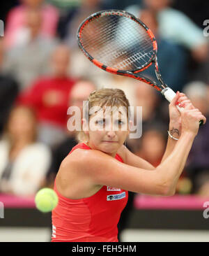 Leipzig, Germany. 07th Feb, 2016. Switzerland's Timea Bacsinszky in action against Germany's Annika Beck (not pictured) at the Fed Cup tennis quarterfinal between Germany and Switzerland in Leipzig, Germany, 07 February 2016. Photo: JAN WOITAS/dpa/Alamy Live News Stock Photo