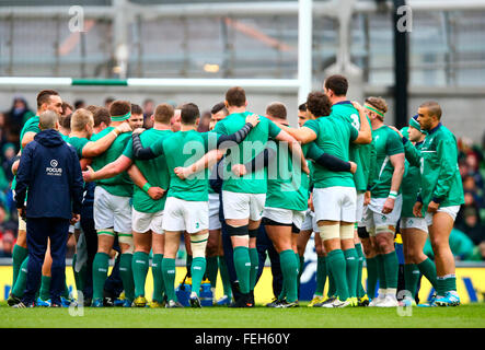 Aviva Stadium, Dublin, Ireland. 07th Feb, 2016. RBS Six Nations. Ireland versus Wales. Irish team huddle before kickoff. Credit:  Action Plus Sports/Alamy Live News Stock Photo