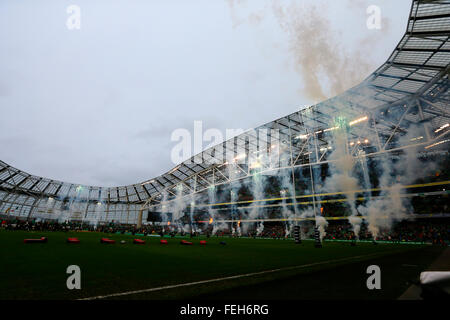 Aviva Stadium, Dublin, Ireland. 07th Feb, 2016. RBS Six Nations. Ireland versus Wales. Fireworks as the teams come out. Credit:  Action Plus Sports/Alamy Live News Stock Photo