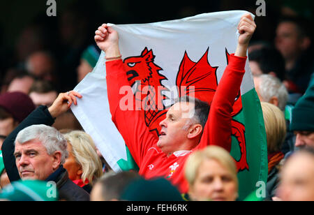 Aviva Stadium, Dublin, Ireland. 07th Feb, 2016. RBS Six Nations. Ireland versus Wales. Welsh fans cheer on their team. Credit:  Action Plus Sports/Alamy Live News Stock Photo