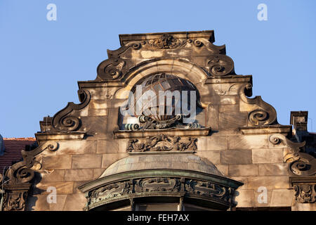 Gable with globe - sphere on historic building in Wroclaw Old Town, Lower Silesia, Poland Stock Photo