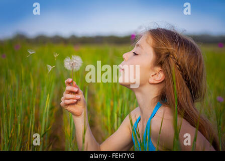 little girl blowing dandelion in field Stock Photo