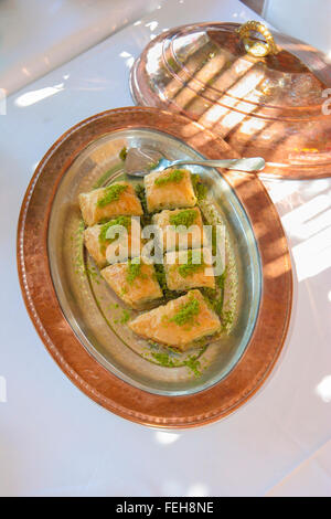 Baklava, traditional Turkish sweet Pastry, Gümüşlük island in Turkey Stock Photo