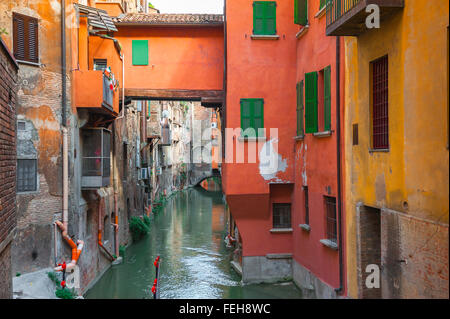 Bologna houses canal, view of the Canale delle Moline in central Bologna, Emilia-Romagna, Italy. Stock Photo