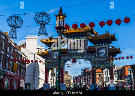 Some of the lights & red lanterns hanging above the main road of Chinatown in Liverpool at the Chinese New Year celebrations. Stock Photo