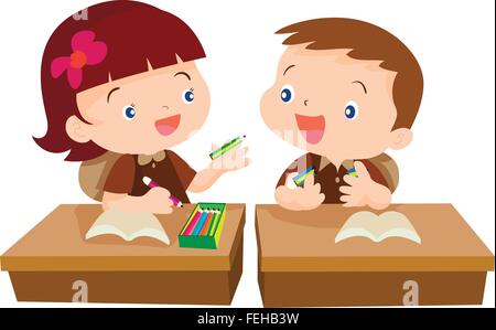 Vector of Cute girl student giving pencil for friend and help for work ...