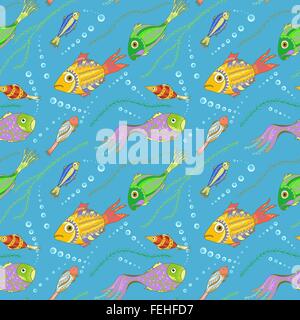 Vector seamless pattern with hand drawn fishes Stock Vector