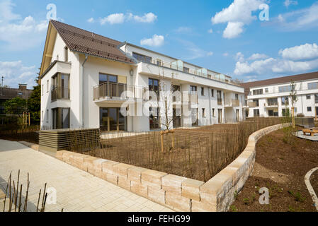 New residential buildings with outdoor facilities, construction work near completion Stock Photo