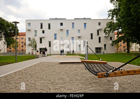 Modern residential buildings with outdoor facilities, Facade of new low-energy apartment houses Stock Photo
