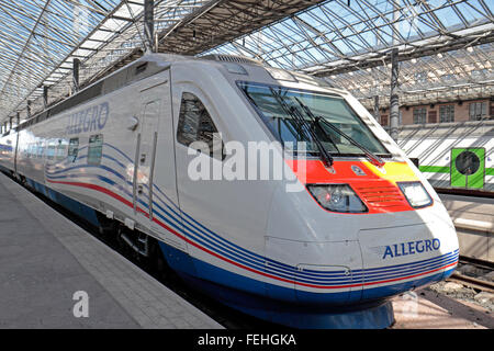 The Allegro train on the platform in Helsinki, Finland. It runs from St Petersburg in Russia to Helsinki. Stock Photo