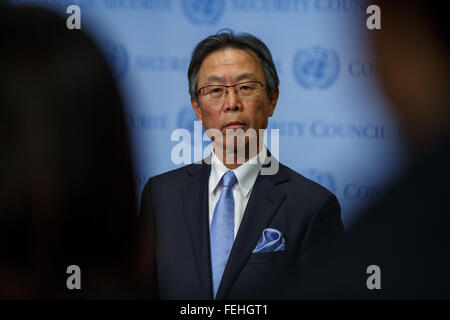 New York, USA. 7th February, 2016. Motohide Yoshikawa, Japan's permanent representative to the United Nations is pictured at the UN headquarters in New York, Feb. 7, 2016. The UN Security Council on Sunday condemned the launch using ballistic missile technology by the Democratic People's Republic of Korea (DPRK) on Saturday, said a press statement of the council. Credit:  Li Muzi/Xinhua/Alamy Live News Stock Photo