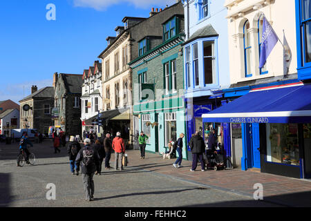 People along the main street of Keswick town, Lake District National Park, Cumbria County, England, UK Stock Photo