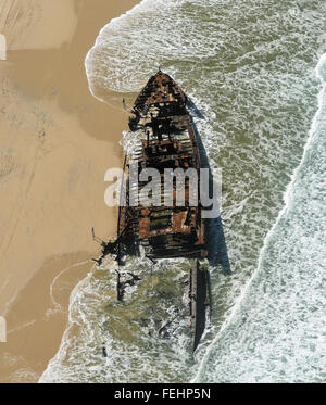 Aeriel view  of the wreck of the SS Maheno lying on the beach Stock Photo