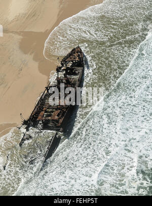 Aeriel view  of the wreck of the SS Maheno lying on the beach Stock Photo
