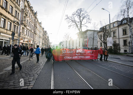 Dresden, Germany, 6th Febuary, 2016. Various factions of the antifascist movement marching in Dresden’s old town, under the banner of the Europe-wide rally 'Solidarity without Limits'. The Demonstration is against the Europe-wide Pegida-rally 'Fortress Europe'. Credit:  Leon Breiter/Alamy Live News Stock Photo