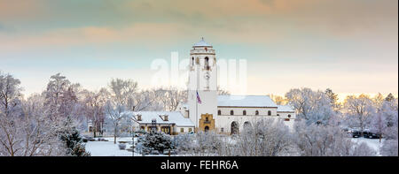 Train Depot in Idaho with morning winter snow Stock Photo