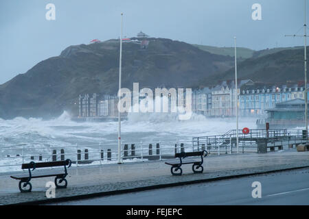 Aberystwyth, mid Wales, UK. 8th February, 2016. UK Weather: Storm Imogen hits the Cardigan Bay coast at morning high tide. Credit:  atgof.co/Alamy Live News Stock Photo