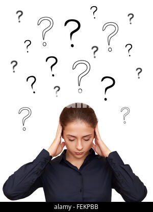 Business woman thinking hard with many questions above the head Stock Photo