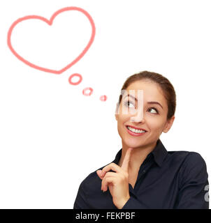 Beautiful woman thinking about love with heart bubble above isolated Stock Photo