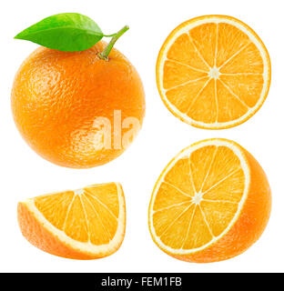 Collection of whole and cut oranges isolated on wihte with clipping path Stock Photo