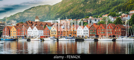 Bergen, Norway - August 3, 2014: Panoramic view of historical architecture, buildings, Bryggen in Bergen, Norway. UNESCO World H Stock Photo