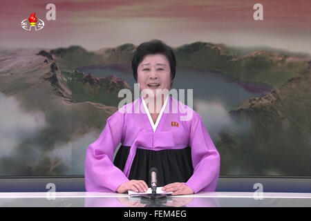 Seoul, South Korea. 8th Feb, 2016. This picture is capture to screen. North Korean TV anouncer reporting about their missile launch successful. North Korea launched a long-range rocket Sunday, the first day of its announced eight-day launch window and about a month after the country's fourth nuclear test led to international condemnation. © Zuma Press/ZUMA Wire/Alamy Live News Stock Photo