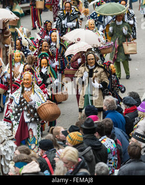 Rottweil, Germany. 16th Feb, 2015. Carnival revellers in traditional costumes walk through the city in Rottweil, Germany, 16 February 2015. About 4,000 participants are expected to march through the inner city during the street carnival 'Rottweiler Narrensprung', one of the traditional highlights of the Swabian carnival in the South-West. Photo: Patrick Seeger/dpa/Alamy Live News