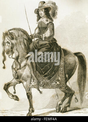 Archduchess Cecilia Renata of Austria (1611-1644). Queen of Poland as consort to the Polish-Lithuanian Commonwealth's King Władysław IV Vasa. Equestrian portrait. Engraving by Lafon, 1850. Stock Photo