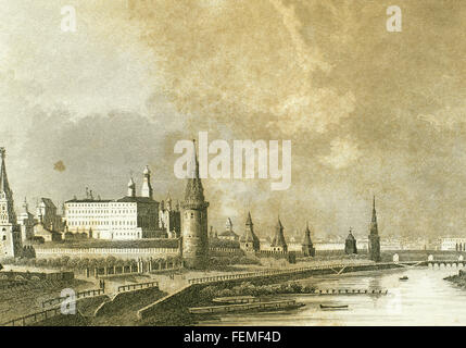 Rusia. Moscow. The Kremlin next to Moskva river. View from the stone bridge. Engraving. 19th century. Stock Photo