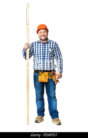Portrait of construction builder isolated on white background. Stock Photo