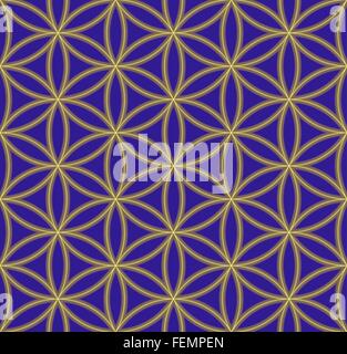 vector gold color hinduism sacred geometry flower of life seamless pattern blue background Stock Vector