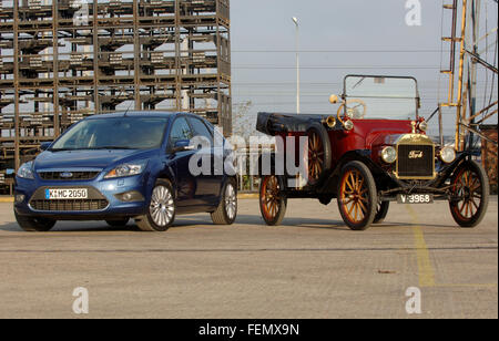 Model T Ford and 2007 Ford Focus, original and current cars from Frod Stock Photo