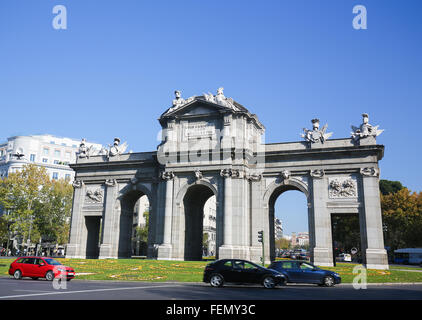 MADRID, SPAIN - NOVEMBER 14, 2015: The Puerta de Alcala (Alcala Gate) is a Neo-classical monument in the Plaza de la Independenc Stock Photo