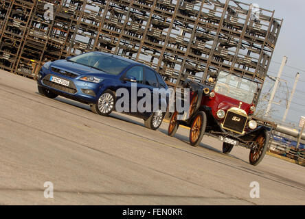 Model T Ford and 2007 Ford Focus, original and current cars from Frod Stock Photo