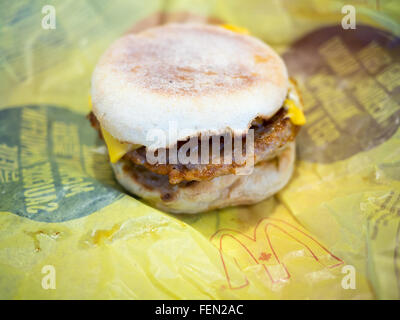 A McDonald's Sausage McMuffin with Egg breakfast sandwich. Stock Photo