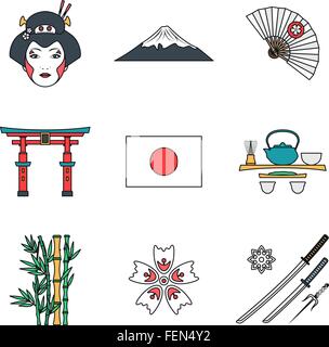 vector color outline japanese national theme icons white background Stock Vector