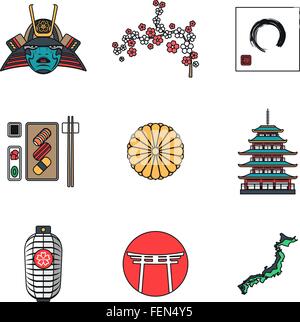 vector color outline japan national theme icons white background Stock Vector