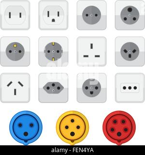 vector colored flat design various power socket input types icon set white background Stock Vector