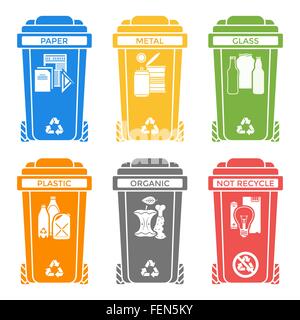 vector various colors separated recycle waste bins solid icons labels signs white background Stock Vector