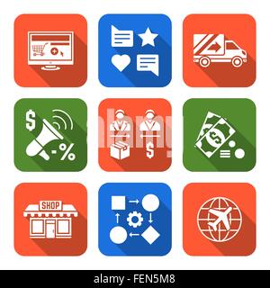 vector solid white flat design business distribution marketing process icons set long shadows Stock Vector