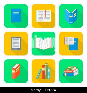 vector color flat design books square icons set long shadow Stock Vector